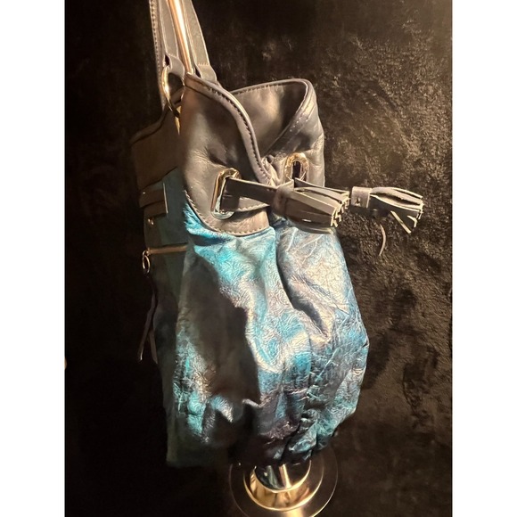 Donald J. Pliner Turquoise Embossed Leather Drawstring Shoulder Bag/ Purse RARE! - Picture 5 of 15